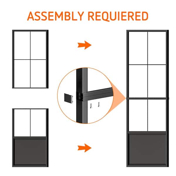 SOCBAZZAR - 32 in. x 84 in. 3/4-Lite Tempered Clear Glass Black Steel Frame Sliding Barn Door with Hardware Kit and Soft Close