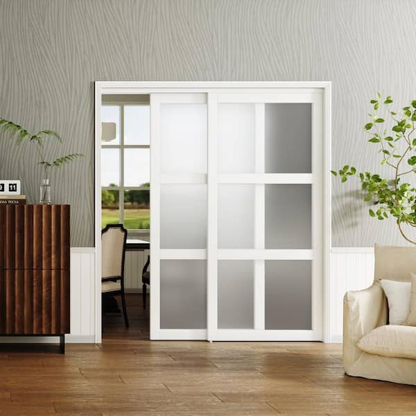 72 in. x 80 in. MDF Solid Core, Frosted Glass, 3-Lite, PVC Covering, White Sliding Door with All Hardware