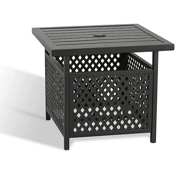 URTR Modern Black Accent Square Metal Outdoor Side Table with Umbrella Hole for Indoor and Outdoor, Poolside, Garden, Yard