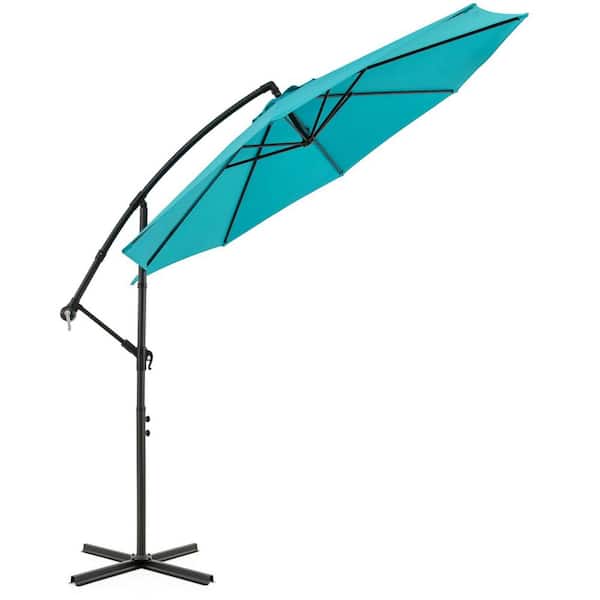 Costway 10 ft. Iron Cantilever Offset Patio Umbrella with Easy Tilt Adjustment Crossed Base Vented Top in Turquoise