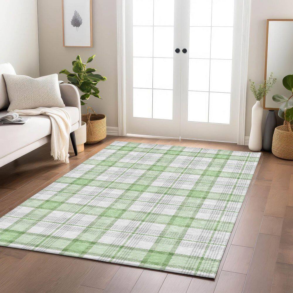 Mint Plaid Rectangular Machine-Washable Synthetic Rug 46" x 30"