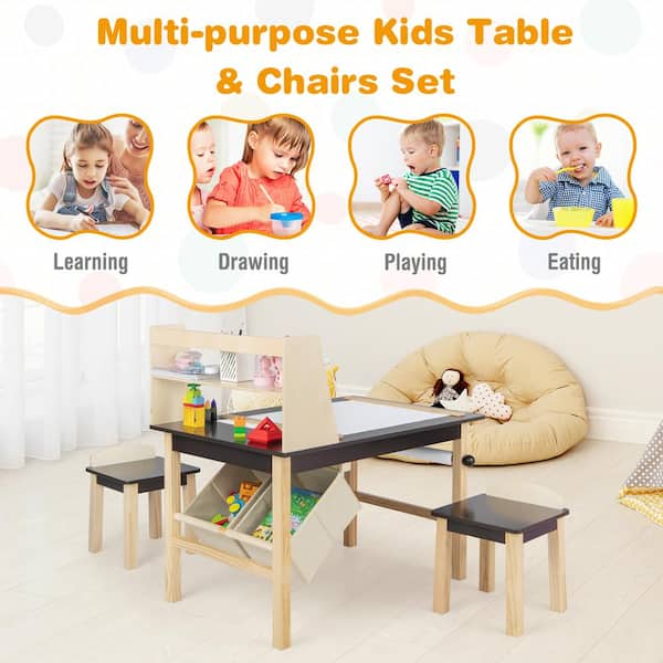 Gymax 2-in-1 Kids Wooden Art Table and Art Easel Set w/ Chairs Paper Roll  Storage Bins