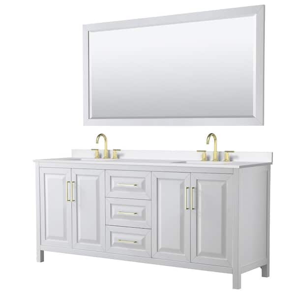 Wyndham Collection Daria 80 in. W x 22 in. D x 35.75 in. H Double Bath Vanity in White with White Quartz Top and 70 in. Mirror
