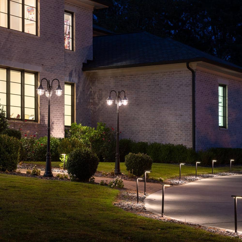 Orion Triple-Head Solar Lamp Post in Black Resin with LED, Dusk to Dawn