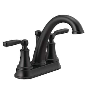 Woodhurst 4 in. Centerset 2-Handle Bathroom Faucet with Metal Drain Assembly in Matte Black