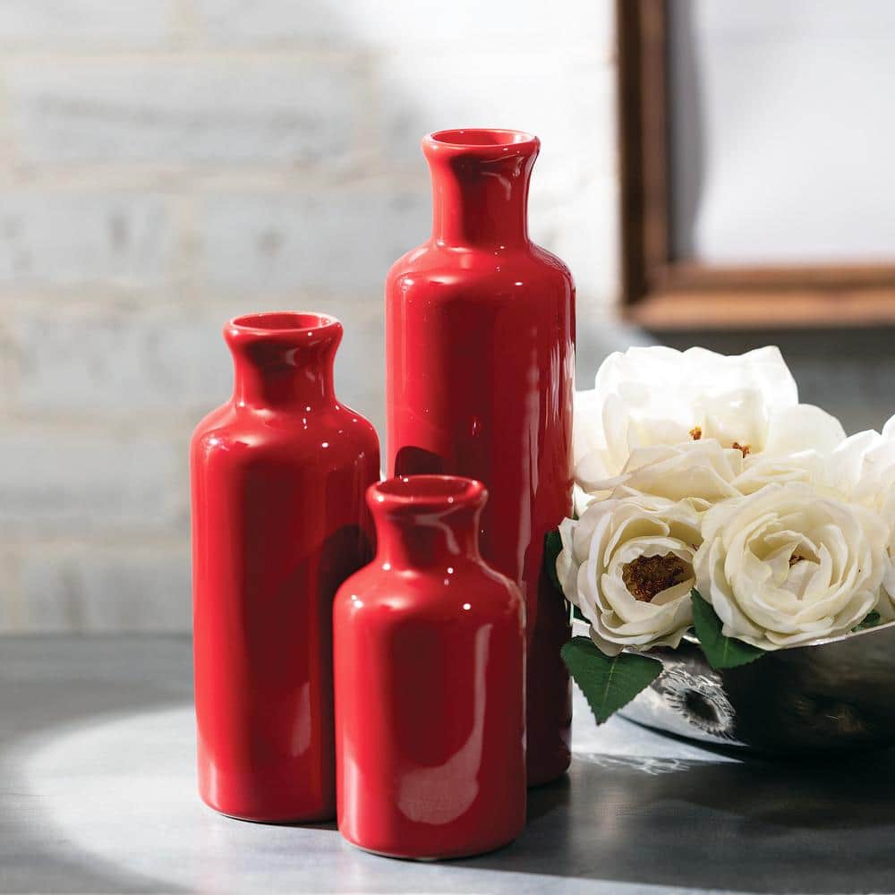 Red Ceramic Bottle Vase Set in Three Sizes