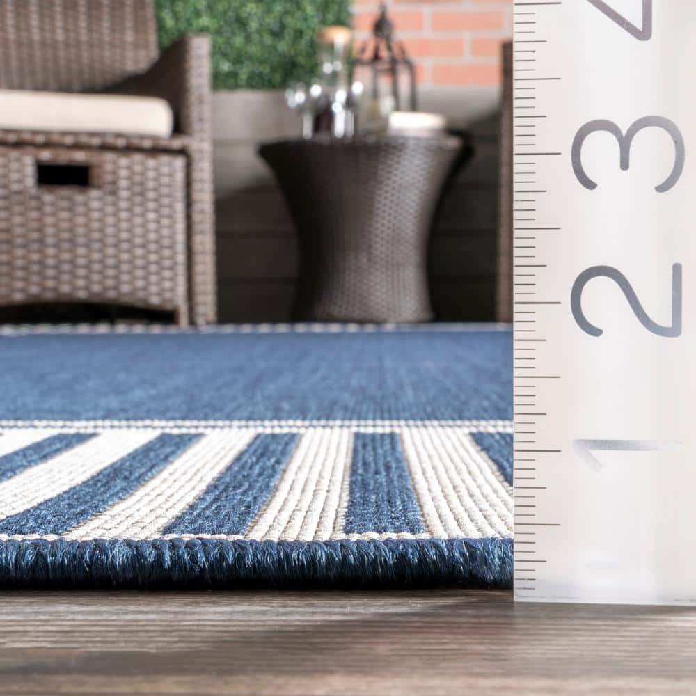 Navy and White Striped Synthetic Indoor/Outdoor Rug