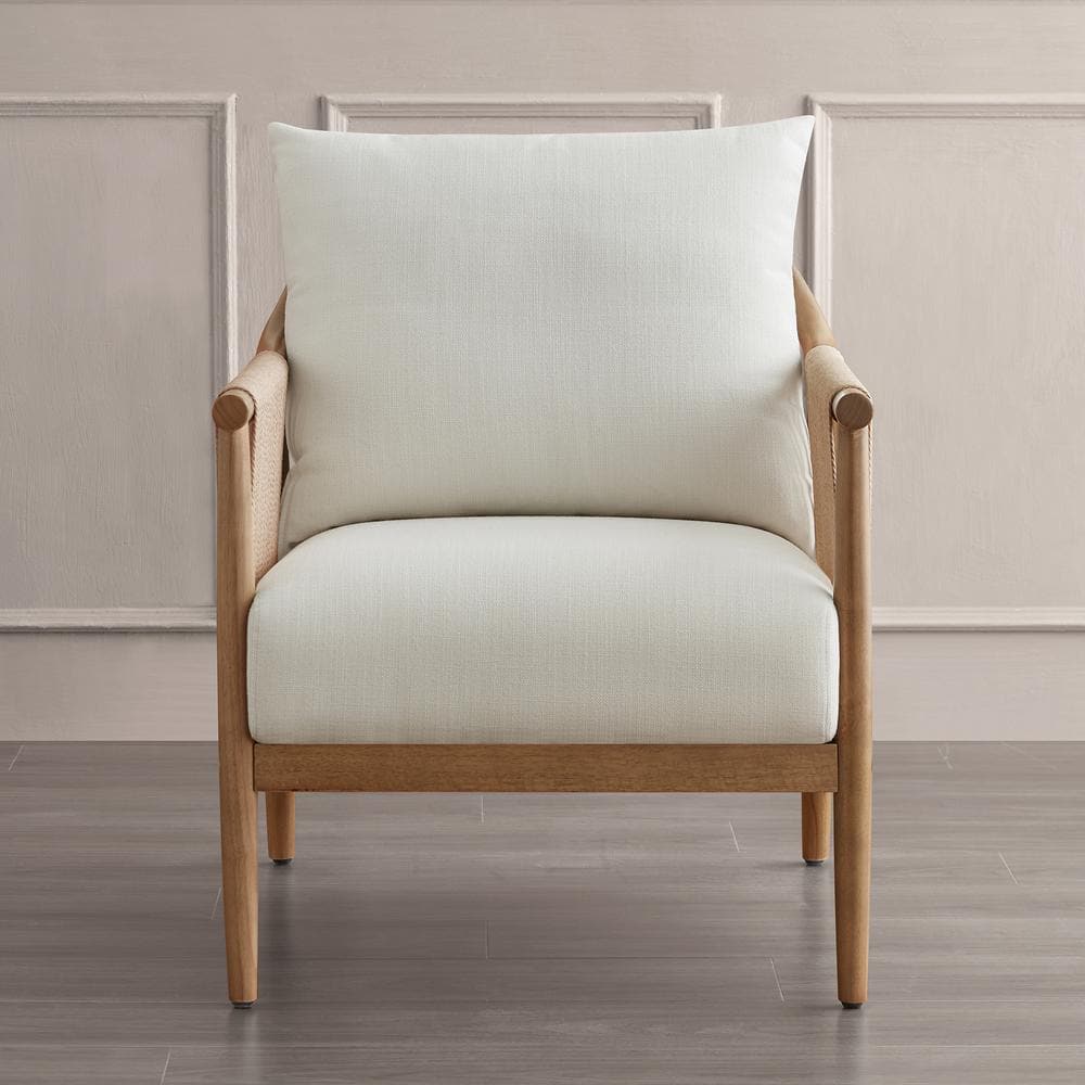 Cream Fabric and Wood Square Arm Accent Chair
