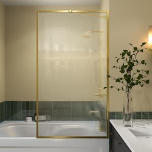 33 in. W x 58 in. H Fixed Framed Single Panel Tub Door in Brushed Gold with 1/4 in. (6mm) Fluted Glass