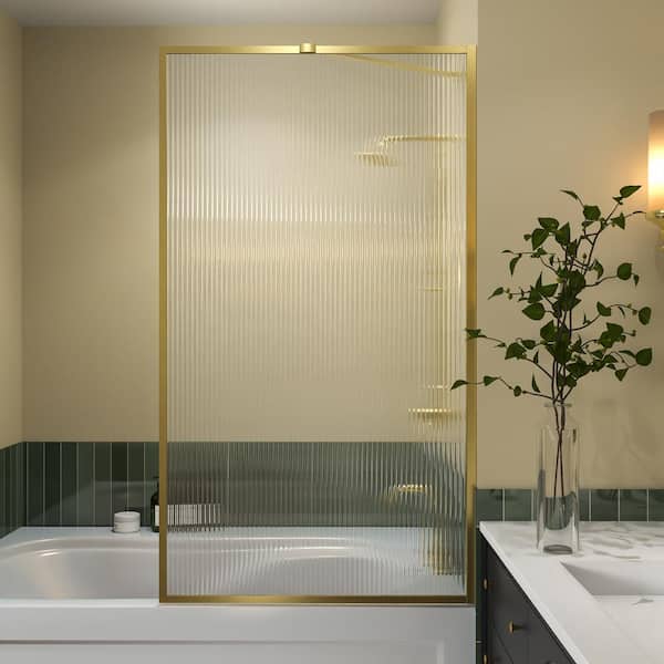 Lonni 33 in. W x 58 in. H Fixed Framed Single Panel Tub Door in Brushed Gold with 1/4 in. (6mm) Fluted Glass