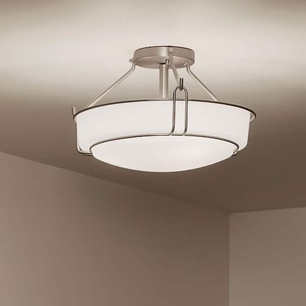 Alkire 16.5 in. 3-Light Brushed Nickel Hallway Transitional Semi-Flush Mount Ceiling Light with Frosted Glass