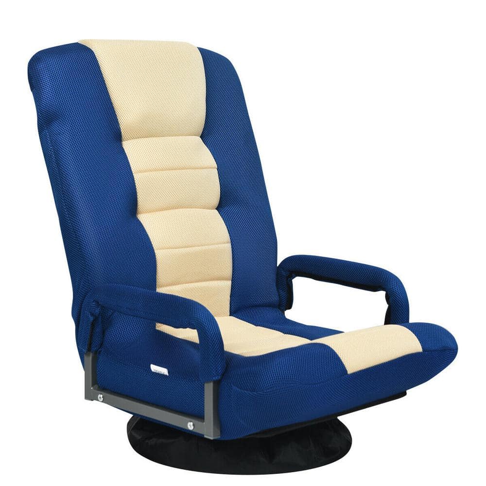 FORCLOVER Blue Leather Reclining Swivel Game Chair with Adjustable Arms and Lumbar Massage Cushion