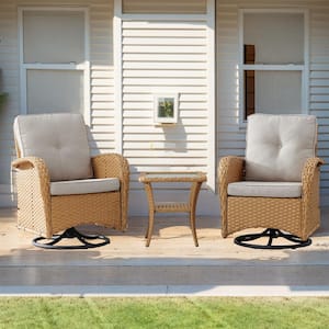 Yellow 3-Piece Wicker Outdoor Rocking Chair Patio Conversation Set with Beige Cushions and Side Table