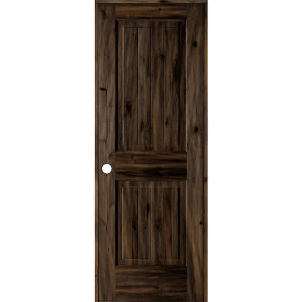Krosswood Doors 28 in. x 80 in. Knotty Alder 2 Panel Right-Hand Square Top V-Groove Black Stain Solid Wood Single Prehung Interior Door