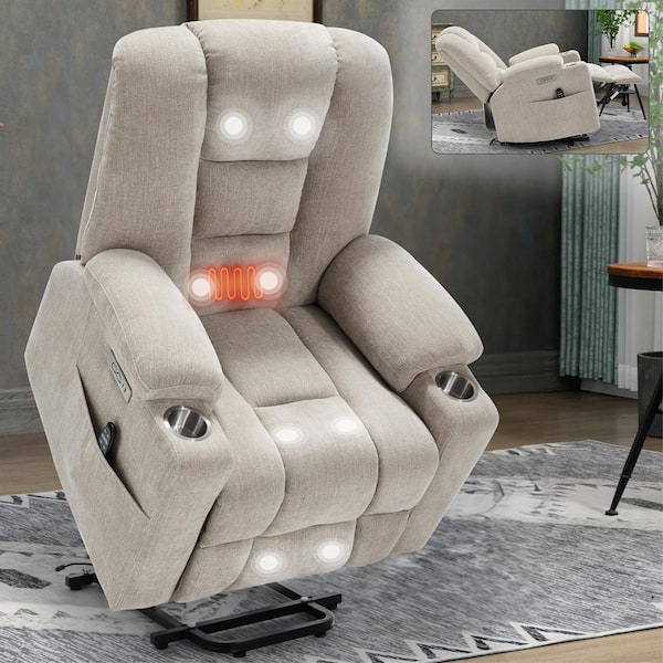 Boyel Living Beige Chenille Overstuffed Wide Power Lift Recliner Chair with Massage and Heat for Elderly