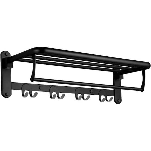 Dyiom Wall Mounted Bathroom Foldable Towel Rack with Towel Hook and 3 Adjustable Towel Bars, Black