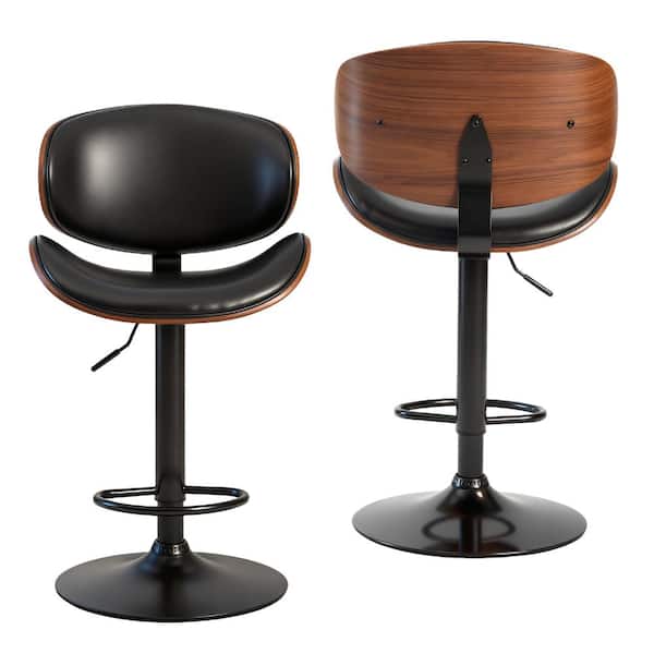 Luxury 37 in. H Black Curved Back PU Leather Wood Bar Stool Adjustable Height with Padded Seat Set of 2