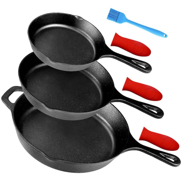 SEEUTEK 3-Piece Black Cast Iron Frying Pans Skillet Set of 3 : 6", 8" & 10" with 3 Heat-Resistant Holders & Oil Brush