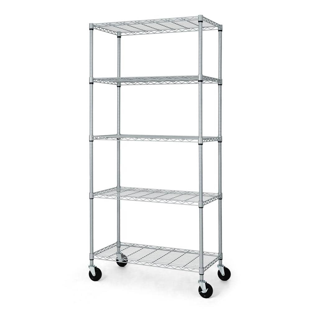 Heavy Duty Silver Grey 5-Tier Metal Shelving Unit with Wheels