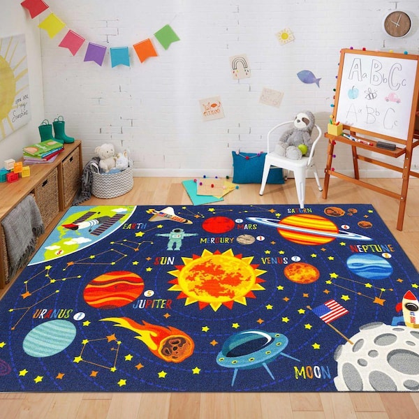 Multi-Color Kids and Children Bedroom Space Safari Road Map Educational Learning 8 ft. x 10 ft. Area Rug