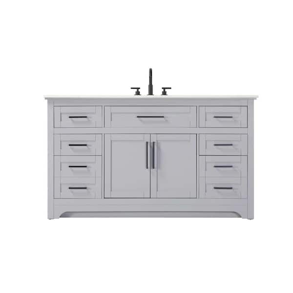 60 in. Single Sink Freestanding Grey Bath Vanity with Marble White Engineered Marble Top
