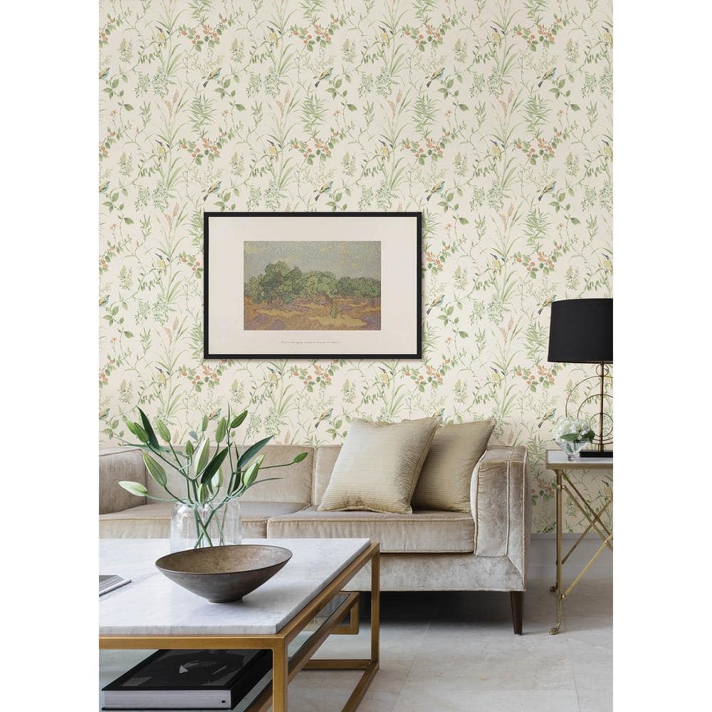 Sage Green Botanical Songbird Peel and Stick Wallpaper