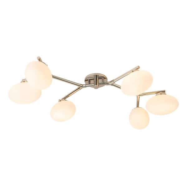 Y'INSP 44.09 in. 6-Light Polished Nickel Sputnik Semi-Flush Mount with Frosted Glass Shade and No Bulbs Included