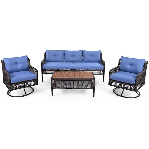 4-piece Wicker Outdoor Sectional, Patio Furniture with Blue Cushions, Patio sofa set, Black Rattan
