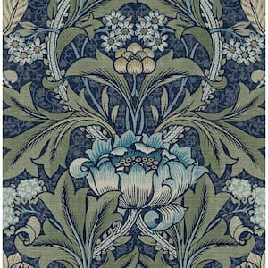56 Sq. Ft. Denim and Sage Acanthus Floral Pre-Pasted Paper Wallpaper Roll