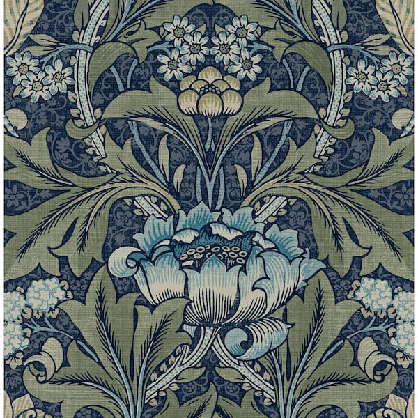 Seabrook Designs 56 Sq. Ft. Denim and Sage Acanthus Floral Pre-Pasted ...