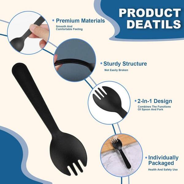 Lynzavix Black Disposable Plastic Sporks 2-in-1 Spork and Spoon
