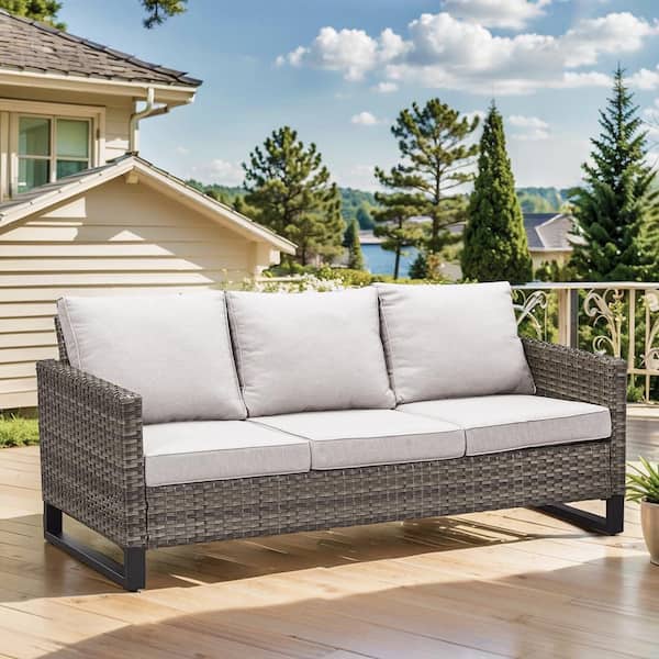 Gray Wicker Outdoor Couch, Rattan Wicker 3-Seat Sofa High Back Couch with Beige Cushions for Garden Backyard