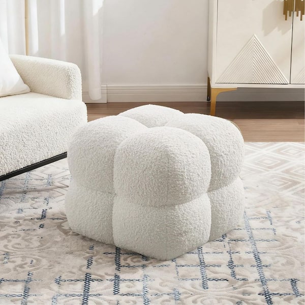 Oversized White Sherpa Upholstered Square Tufted Ottoman Modern Cloud Pouf Coffee Table Footrest 1-Piece