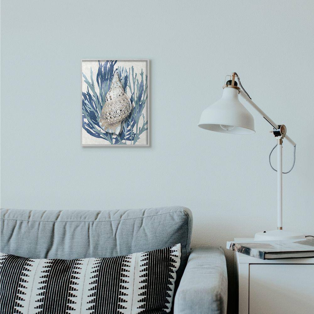 Shell Coral Blue Beach Design Framed Wall Art, 11x14, Gray