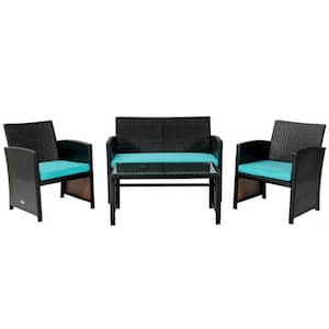4-Piece Wicker Patio Conversation Set Rattan Furniture Set with Turquoise Cushions