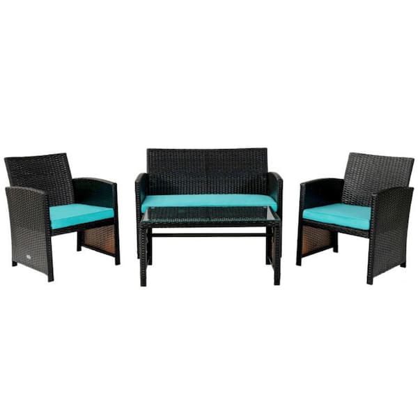 Clihome 4-Piece Wicker Patio Conversation Set Rattan Furniture Set with Turquoise Cushions