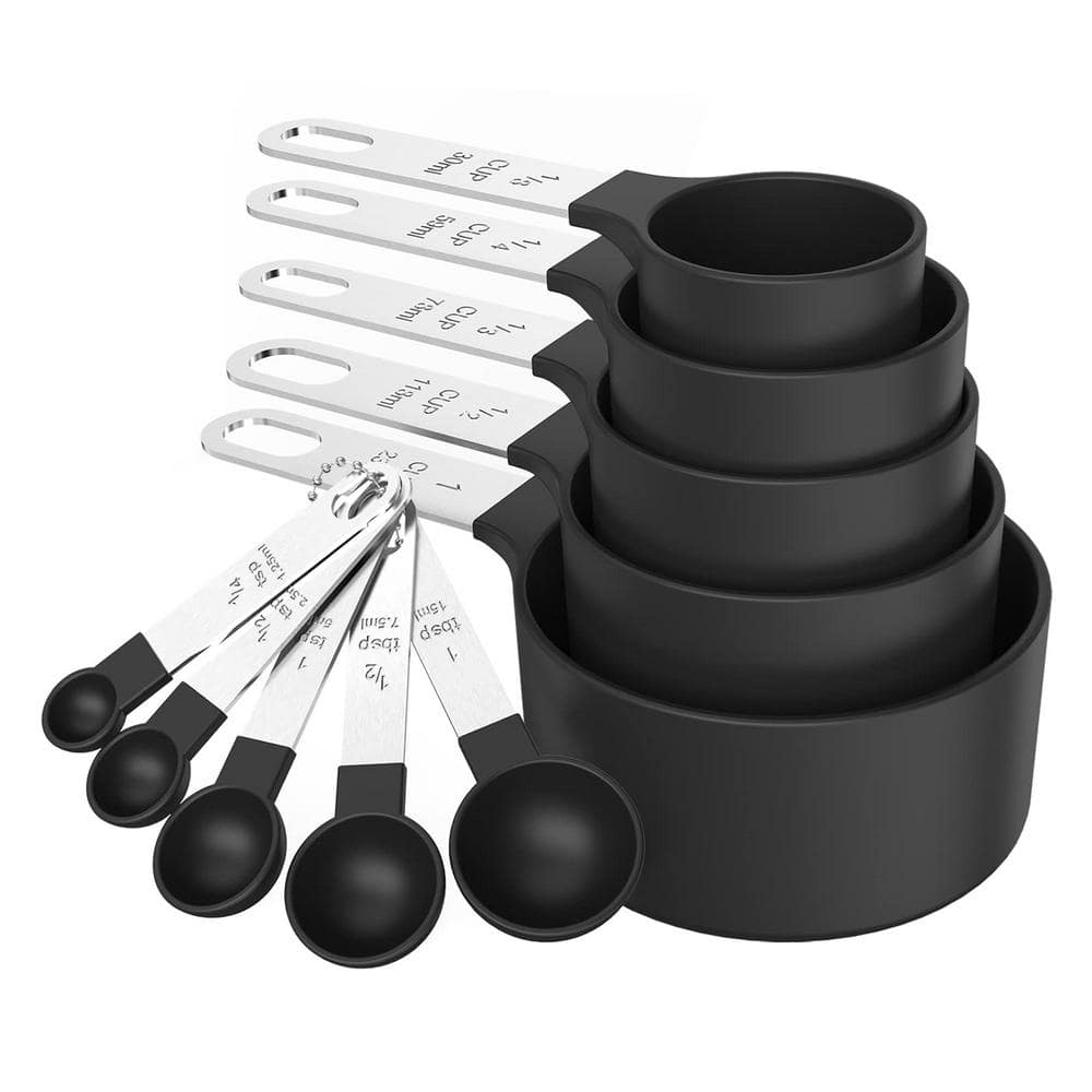 Premium 10-Piece Black Plastic Measuring Cup Set with Stainless Steel Handl