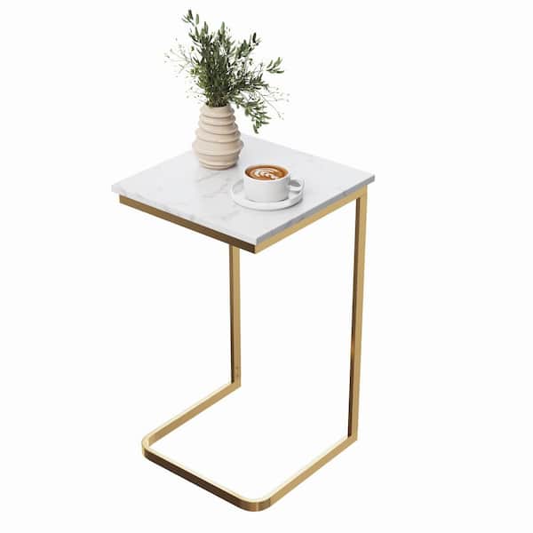 15 in. C-Shaped Square End Table with Gold Iron Frame for Couch or Bed, Modern Style Real Marble Side Table, White/Gold
