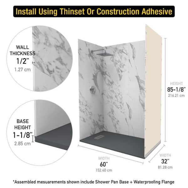 CASTICO - Carrara 32 in. x 60 in. x 84 in. Solid Composite Stone Alcove Shower Kit with Walls and Graphite Pan Base L/R Drain