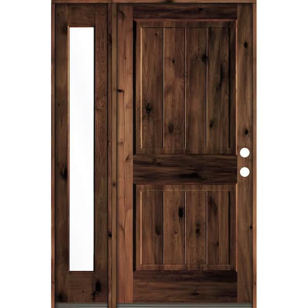 Krosswood Doors 56 in. x 80 in. Rustic Knotty Alder Left-Hand/Inswing Clear Glass Red Mahogany Stain Wood Prehung Front Door w/Sidelite