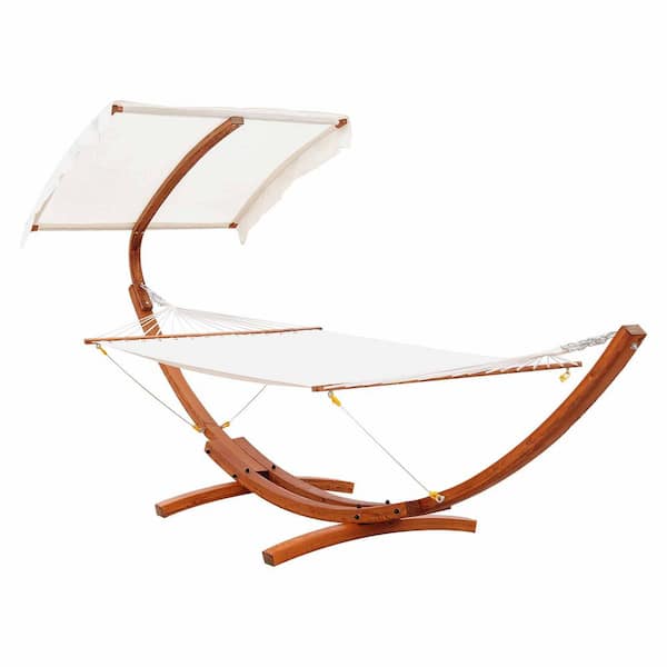 Outsunny 13 ft. Freestanding Hammock with Canopy Shelter with Wood Arc Stand for Patio Balcony Garden Backyard in White