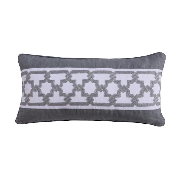 LEVTEX HOME Montecito Grey White Medallion Border Crewel Stitched 24 in. x 12 in. Throw Pillow
