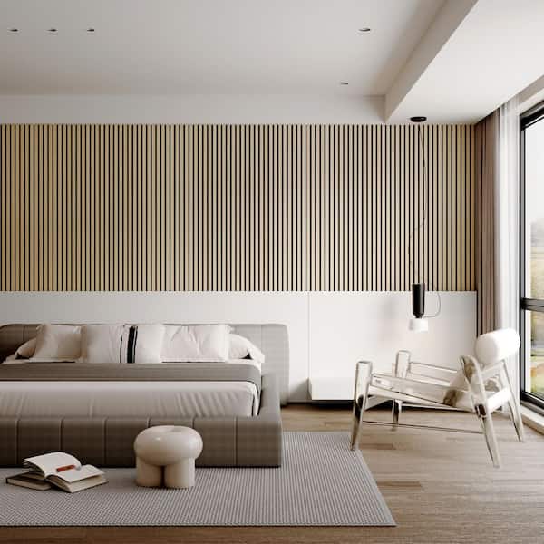1 in. x 8 ft. x 1 ft. Slat Wood Sound Absorbing Beige Nature Oak Decorative Wall Paneling 2-Pack (16.54 sq.ft.)
