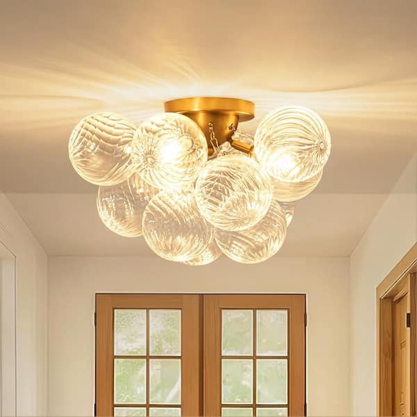 Y'INSP Nordic Bubble 18 in. 3-Light Brushed Brass Semi-Flush Mount Ceiling Light with Swirled Clear Glass Globes Shade