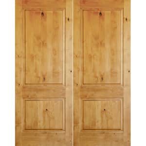 60 in. x 80 in. Rustic Knotty Alder 2-Panel Square Top Clear Stain Right-Hand Inswing Wood Double Prehung Front Door