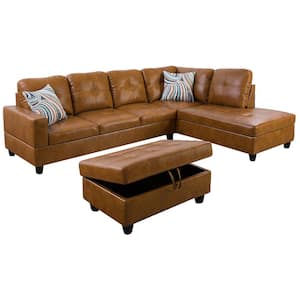 Living-3-Piece-Brown-Faux Leather-6 Seats-L-Shaped-Right Facing-Sectionals