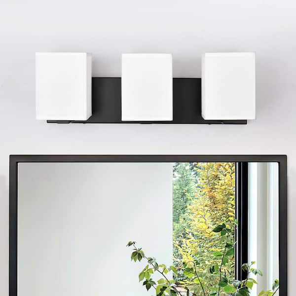 Modern 20.5 in. 3 Light Black Bathroom Vanity Light with White Rectangular Fabric Shade