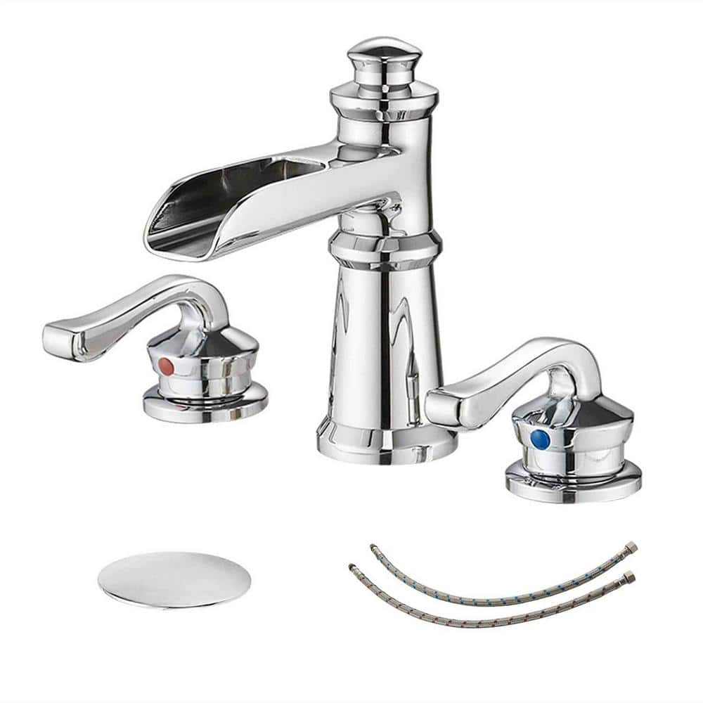 Flg 8 In Widespread Double Handle Waterfall Bathroom Sink Faucet 3 Hole Brass Taps With Pop Up