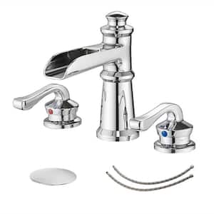 8 in. Widespread Double Handle Waterfall Bathroom Sink Faucet 3 Hole Brass Taps with Pop-Up Drain Kit in Polished Chrome