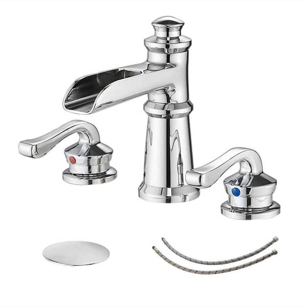 FLG 8 in. Widespread Double Handle Waterfall Bathroom Sink Faucet 3 Hole Brass Taps with Pop-Up Drain Kit in Polished Chrome